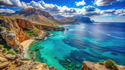 Obraz premium Stunning Crete Island boasts a breathtaking coastline with turquoise waters crashing against dramatic rocky cliffs, creating an unforgettable landscape of natural beauty.