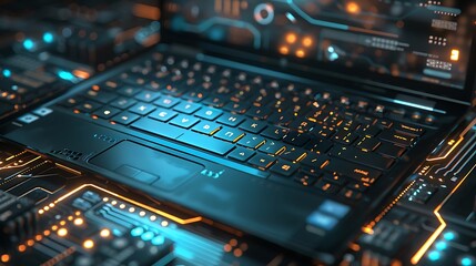 Fototapeta premium A powerful laptop with a luminous keyboard set against a backdrop of technology