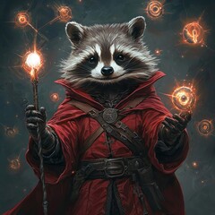 Fantasy raccoon mage in a red cloak, casting spells with glowing orbs and energy, highly detailed magic wand, surrounded by floating magical symbols, whimsical scene