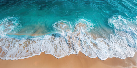 Aerial view of tropical beach shore with a blue ocean, waves. Overhead photo of crashing waves on the shoreline beach.