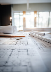 A well-lit drafting table covered in architectural blueprints, pencils, and rulers in a modern, sunlit studio. The scene captures the intricate process of architectural design and planning.