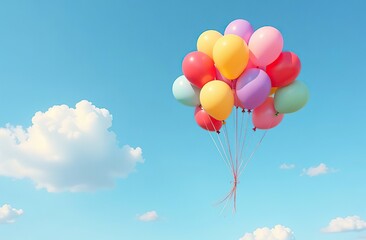Brightly colored balloons and confetti floating in a blue sky