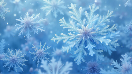 Abstract close-up of intricate snowflakes on a blue winter background, web wallpaper.