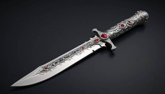 A silver dagger with a jeweled hilt, displayed on a dark surface, symbolizing the weapon used by those who hunt the undead, Generative AI