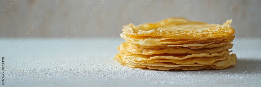 Poster A stack of freshly made golden crepes rests elegantly on a clean surface, inviting indulgence for breakfast or dessert. Generative AI