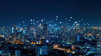 Obraz premium Night Cityscape with Network Connections