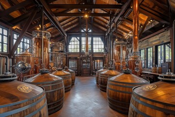 Whiskey barrels stacked in a cozy distillery, surrounded by copper stills and wooden beams, highlighting the artisanal craftsmanship and rich history of whiskey making
