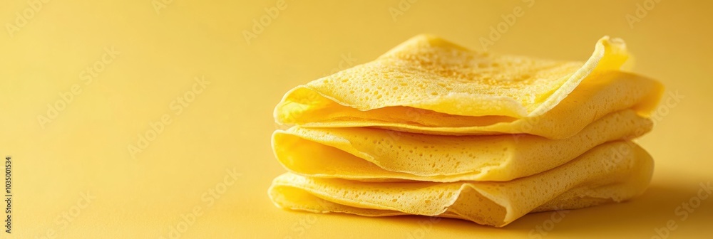Poster A stack of freshly made golden crepes rests on a cheerful yellow surface, radiating warmth and inviting with their delicate texture. Generative AI
