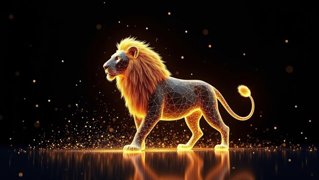 lion hologram with gold neon lines on a dark background, perfect for nature or wildlife conservation themed projects.