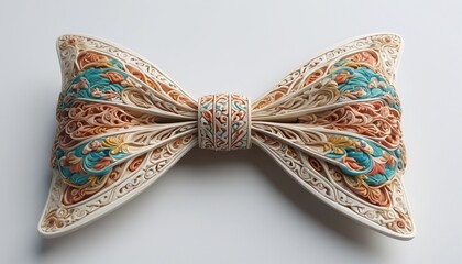 A detailed model of a fantasy-themed bow with intricate carvings on a smooth white surface, Generative AI