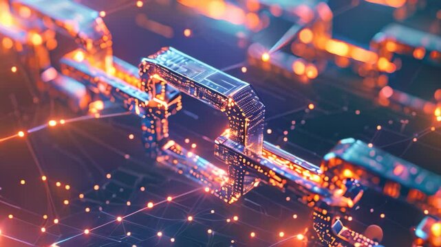 Abstract Video of a Chain Link With Glowing Lights, Shiny blocks interlinked together forming a chain, capturing the essence of blockchain