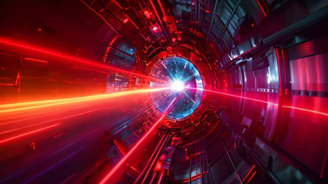 A tunnel emitting bright lights beckons with its captivating glow, Simulation of a particle collision event within a large hadron collider