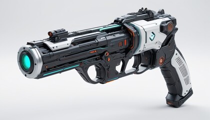 A stylish model of a cyberpunk energy gun displayed on a clean white background, showcasing its futuristic design, Generative AI