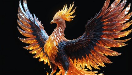 Fototapeta premium A crystalline sculpture of a phoenix rising from flames, shimmering in the light, set against a black surface, Generative AI