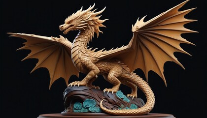 Fototapeta premium A wooden carving of a mythological dragon, with intricate scales and wings, perched on a dark stand, Generative AI