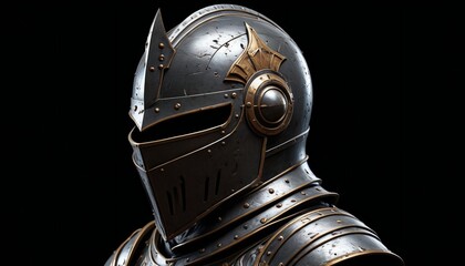 Fototapeta premium An iron sculpture of a knight's helmet, detailed with battle scars, displayed against a black backdrop, Generative AI