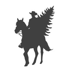 Cowboy Riding Horse with Christmas Tree Silhouette Vector