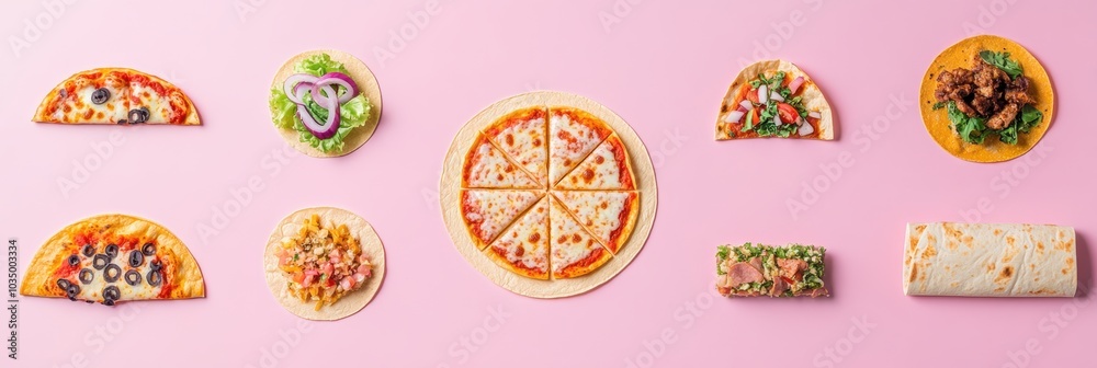Poster a colorful display of delicious street food items, featuring well-arranged tacos and pizza, creating