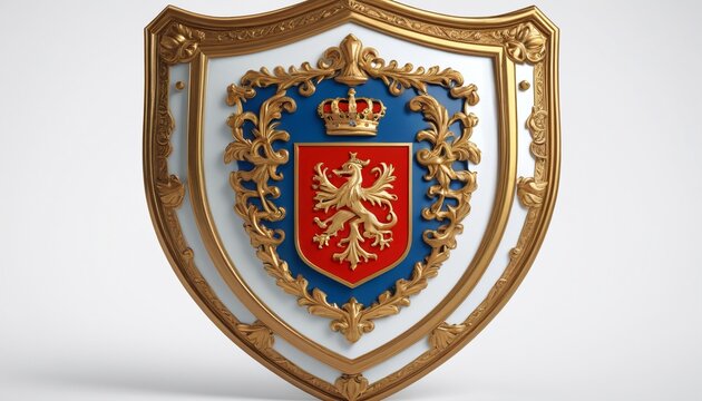 A vibrant model of a shield emblazoned with a crest displayed on a polished white surface, showcasing its heraldic significance, Generative AI