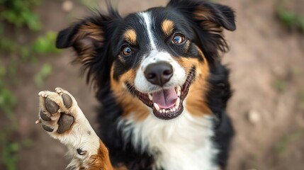 Fototapeta premium A close-up of an adorable dog energetically raising its paw, with a joyful expression. The background is blurred greenery, capturing a lively and fun moment.