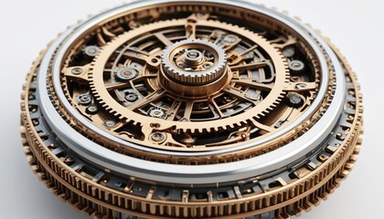 Obraz premium A stylish model of a steampunk-inspired gadget with intricate gears displayed on a bright white background, representing creative inventions, Generative AI