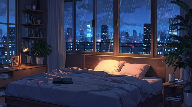 A cozy bedroom scene featuring a neatly made bed, illuminated by city lights and rain outside the window. Ideal for relaxation. created with generation ai