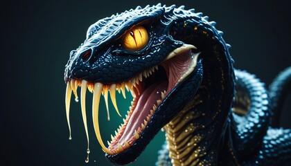Naklejka premium A venomous, serpentine creature with glowing, venom-dripping fangs and scales that shimmer like oil, coiled tightly in a defensive posture, Generative AI