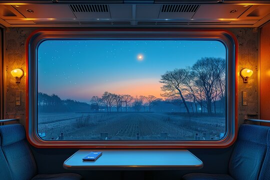 A train window view with a  night sky full of stars and a bright moon.