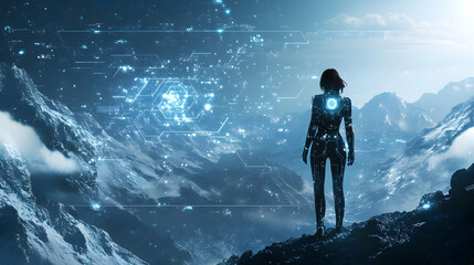 Obraz premium Cyfrowa sylwetka stoi na szczycie góry i ze zdziwieniem patrzy na futurystyczny krajobraz