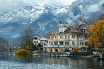 Fototapeta premium A large, white house sits by a calm lake with snow-capped mountains in the background.