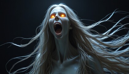 A spectral banshee with long, flowing hair and hollow, glowing eyes, its mouth open in a silent scream as it floats through the shadows, Generative AI