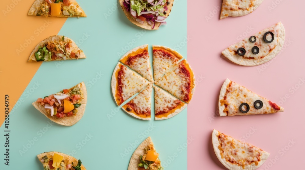 Poster tacos and pizzas are neatly arranged in geometric patterns, showcasing vibrant colors and diverse fl