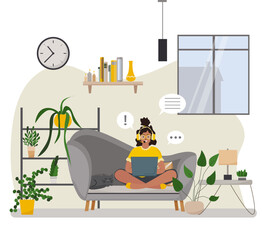 Working at home vector flat style illustration. Online career. Coworking space illustration. Young woman freelancers working on laptop or computer at home.