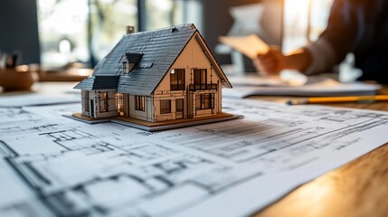 A miniature house model is placed on architectural blueprints, symbolizing real estate, home construction, and interior design, illuminated by natural light.