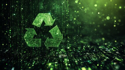 An abstract digital environment showcases a glowing green recycling symbol, representing sustainability, environmental awareness, and futuristic technology themes.