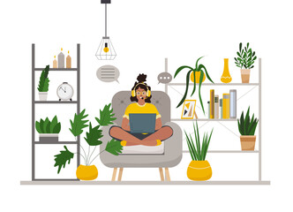 Working at home vector flat style illustration. Online career. Coworking space illustration. Young woman freelancers working on laptop or computer at home.