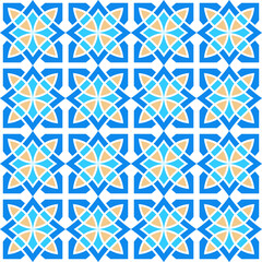 Hand drawn seamless pattern of square ceramic tile. Ornate patchwork pattern design. Typical Mediterranean floor and wall tiles in different patterns and design in blue, brown yellow and white color