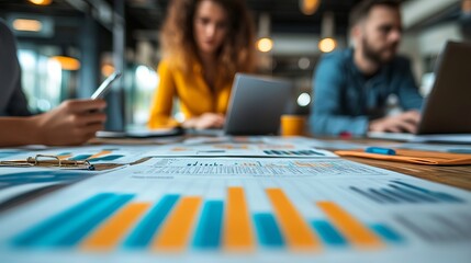 Focused professionals collaborating over documents with graphs in an office environment, indicating teamwork and data-driven decision-making in corporate settings.