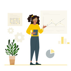 Businesswoman Coach in  Doing Presentation, Read Lecture or Seminar at Big Screen