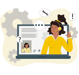 A girl works online in a technical support chat