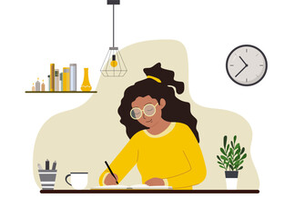 Girl diary. Woman write journal. Student studying with book. Teenager draws in cute paper notebook. Vector female character illustration