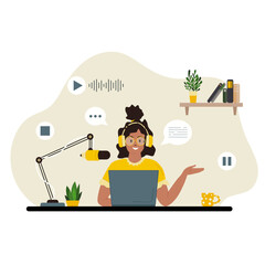 Cute woman in headphones speaks into the microphone recording audio broadcast. Podcast concept. Interview with radio host. Vector illustration