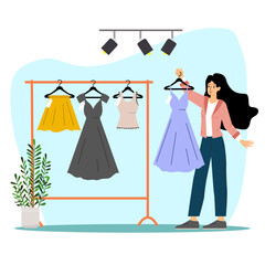 Woman shopping during sale. 
A woman shops during a sale. The character chooses and buys clothes
