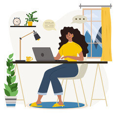 Working at home vector flat style illustration. Online career. Coworking space illustration. Young woman freelancers working on laptop or computer at home.