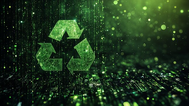 An abstract digital environment showcases a glowing green recycling symbol, representing sustainability, environmental awareness, and futuristic technology themes.