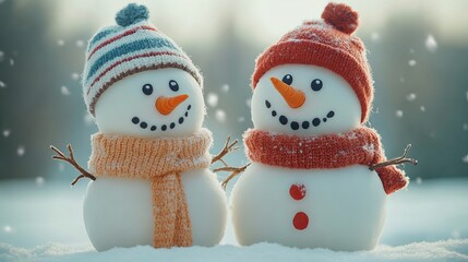 Fototapeta premium Two delightful snowmen with carrot noses and cozy scarves stand together joyfully on a snowy day, representing winter fun and childhood nostalgia in the open air.