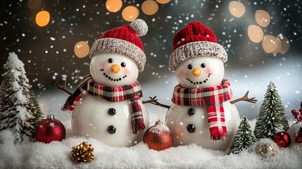 Obraz premium A festive scene with two adorable snowmen wearing plaid scarves amidst snowflakes and Christmas decorations, embodying the joy and warmth of the holiday season.