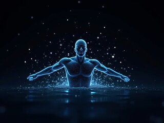 hologram view of male athlete swimming in empty space.