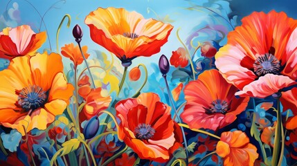 Vibrant poppies with acrylic paint, modern art, acrylic painting, home decor.