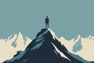 Silhouette of a Person Standing on a Mountain Peak with Snow-Capped Mountains